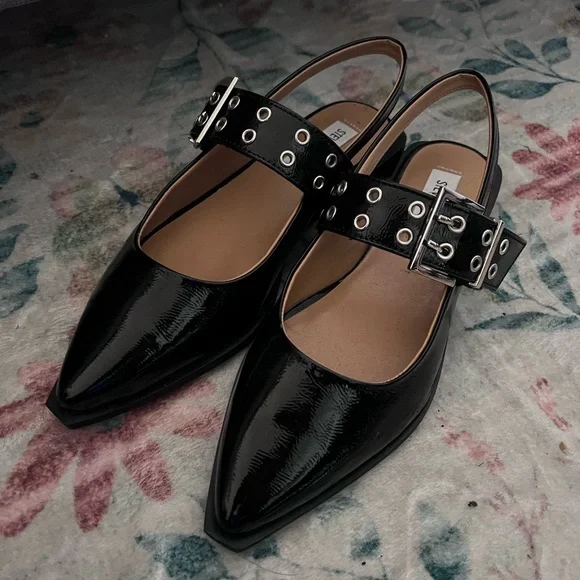 Steve Madden Black Patent Loafers with Silver Buckle - Picture 1 of 4